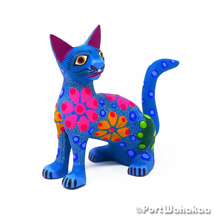 Oaxacan Wood Carvings for Sale Texas Flower Bubble Cat Artist - Jose Olivera Carving Small, Cat, Gato, San Martin Tilcajete
