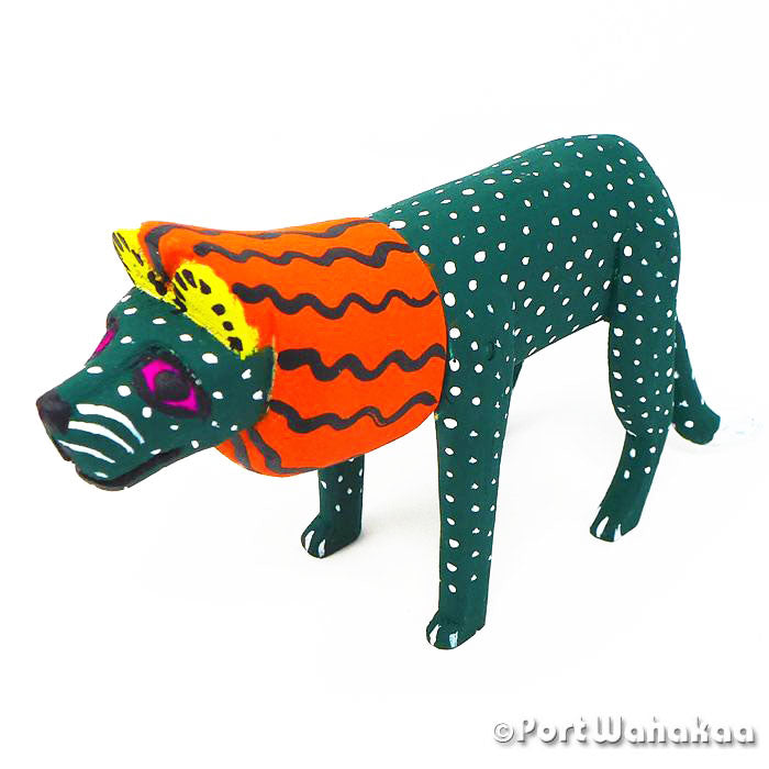 Green Lion Rustic Oaxacan Wood Carvings for Sale Austin Texas Artist - Calixto Santiago Gato, Lion, Panthera