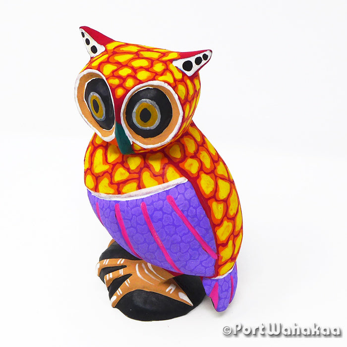 Fire Bright Copal Wood Alebrije Oaxacan Carvings for Sale Texas Artist - Frederico Carrillo Arrazola, Avia, Buho, Owl