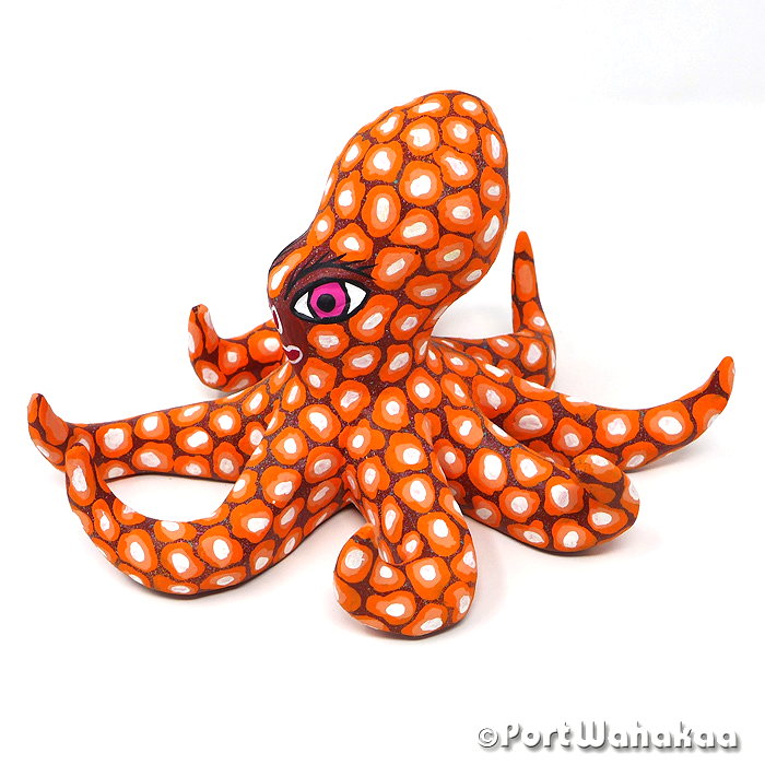 Orange Octopus Folk Art Oaxacan Wood Carvings for Sale Austin Texas Artist - Edilberto Cortez Arrazola, Carving Medium, Octopus, Pulpo