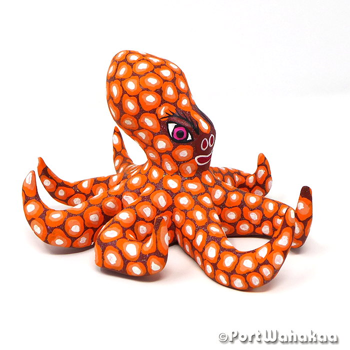 Orange Octopus Folk Art Oaxacan Wood Carvings for Sale Austin Texas Artist - Edilberto Cortez Arrazola, Carving Medium, Octopus, Pulpo