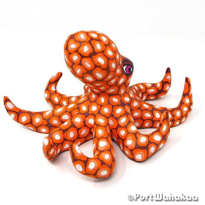 Orange Octopus Folk Art Oaxacan Wood Carvings for Sale Austin Texas Artist - Edilberto Cortez Arrazola, Carving Medium, Octopus, Pulpo