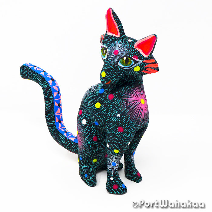 Cosmic Cat Copal Wood Oaxacan Alebrije Carving for Sale Texas Artist - Tribus Mixes Carving Medium Large, Cat, Gato, Oaxaca City, Panther, Panthera