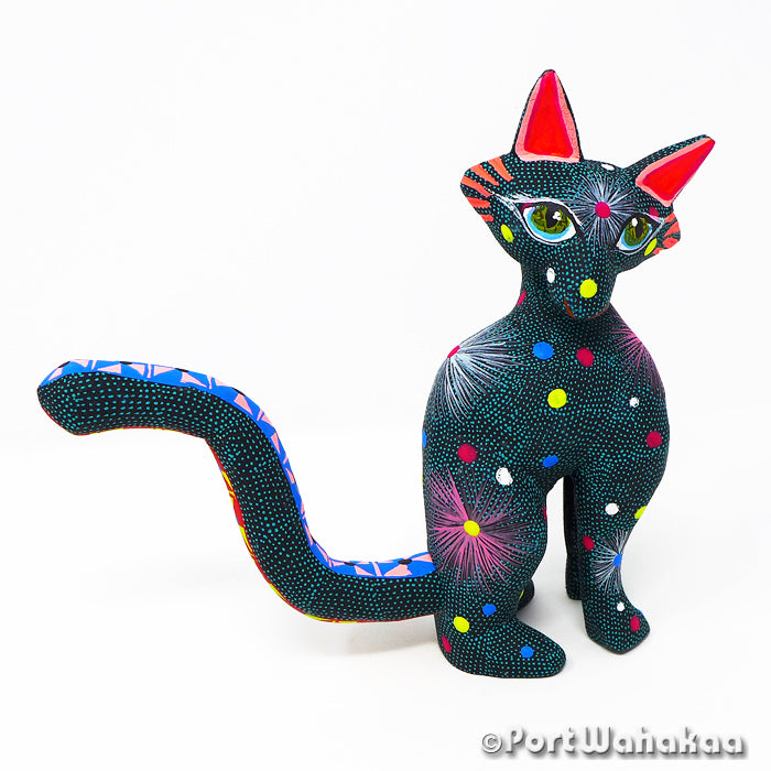 Cosmic Cat Copal Wood Oaxacan Alebrije Carving for Sale Texas Artist - Tribus Mixes Carving Medium Large, Cat, Gato, Oaxaca City, Panther, Panthera