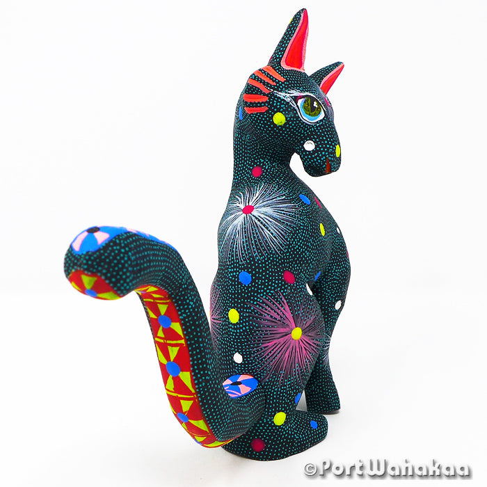 Cosmic Cat Copal Wood Oaxacan Alebrije Carving for Sale Texas Artist - Tribus Mixes Carving Medium Large, Cat, Gato, Oaxaca City, Panther, Panthera