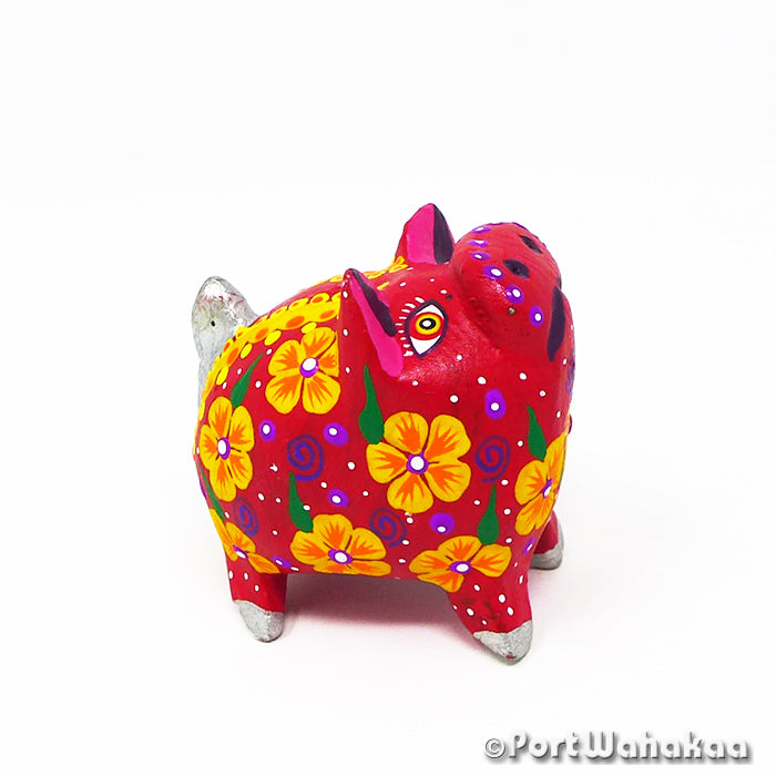 Marigold Pig Folk Art Oaxacan Wood Carvings for Sale Austin Texas Artist - Tribus Mixes Carving Small, Cerdo, Javelina, Oaxaca City, Pig