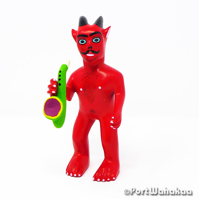 Devilish Saxophonist Day of the Dead Austin Texas Figurine For Sale Artist - Inocencio Vasquez Carving Small, Diablo, San Martin Tilcajete