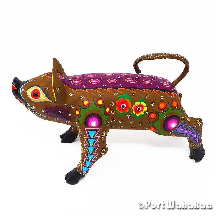 Moon Rise Flower Pig Oaxacan Wood Carvings for Sale Austin Texas Artist - Roberta Angeles Carving Large, Cerdo, Javelina, Pig, San Martin Tilcajete