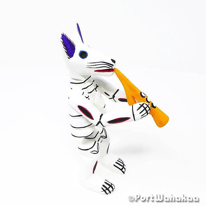Trumpet Blanco Coyote Oaxacan Wood Carvings for Sale Austin Texas Artist - Silvia Xuana Carving Small Medium, Coyote, Day of the Dead, Musician, San Martin Tilcajete, Skeleton