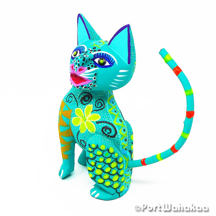 Sea Green Gato Austin Texas Alebrijes Oaxaca Carvings Artist - Fabrijes Family Carving Medium, Cat, Gato, San Martin Tilcajete