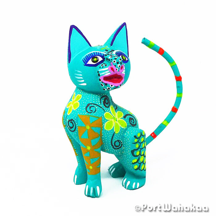 Sea Green Gato Austin Texas Alebrijes Oaxaca Carvings Artist - Fabrijes Family Carving Medium, Cat, Gato, San Martin Tilcajete