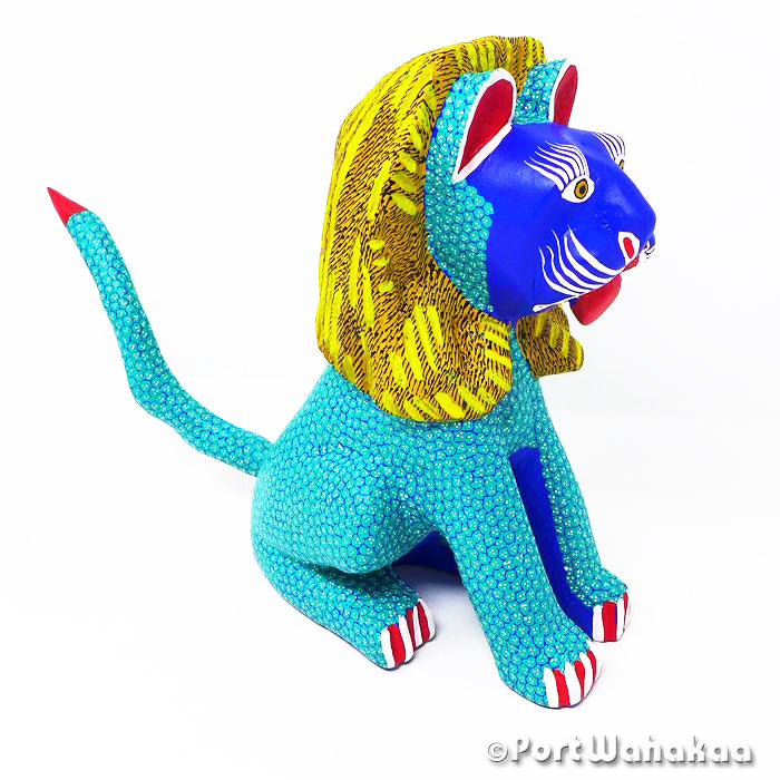 Turquoise Green Lion Oaxacan Wood Carvings for Sale Austin Texas Artist - Margarito Melchor Cat, Gato, Leon, Lion, Panthera