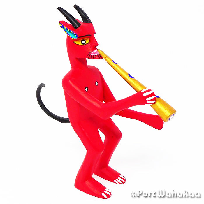 Hot Red Horn Devil Copal Wood Alebrije Oaxacan Carvings for Sale Texas Artist - Adrian Xuana Carving Medium, Day of the Dead, Devil, Diablo, Musical