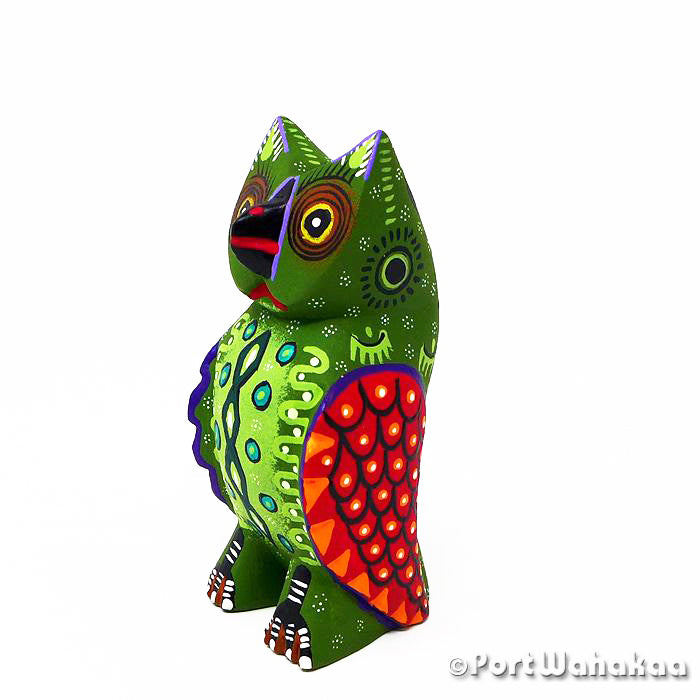 Green Owl Folk Art Oaxacan Wood Carvings for Sale Austin Texas Artist - Roberta Angeles Aves, Avia, Buho, Halcon, Owl, Raptor