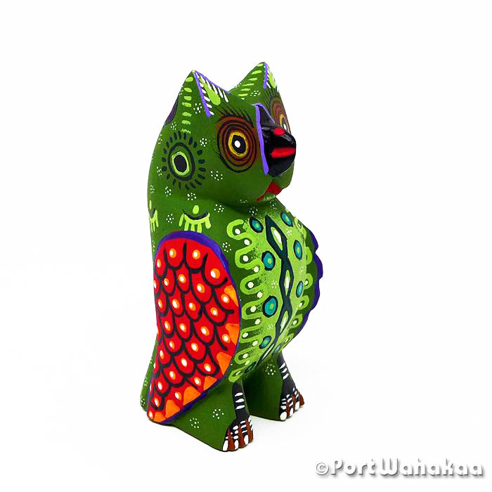 Green Owl Folk Art Oaxacan Wood Carvings for Sale Austin Texas Artist - Roberta Angeles Aves, Avia, Buho, Halcon, Owl, Raptor