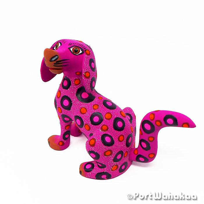 Cherry Pink Puppy Austin Oaxacan Wood Carvings for Sale Texas Artist - Jose Olivera Carving Small, Dog, Perro, San Martin Tilcajete