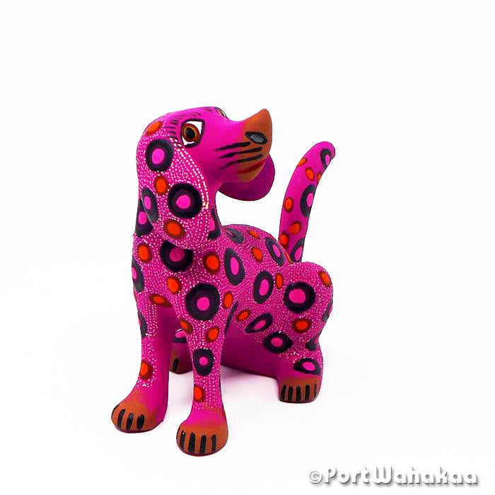 Cherry Pink Puppy Austin Oaxacan Wood Carvings for Sale Texas Artist - Jose Olivera Carving Small, Dog, Perro, San Martin Tilcajete