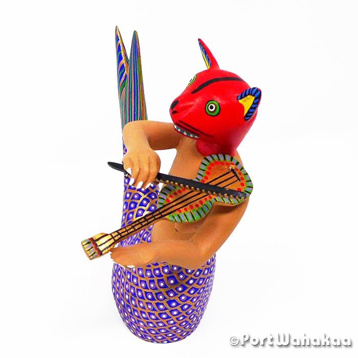 Austin Texas Cat Mermaid Oaxaca Mexico Alebrijes Wood Carving for Sale Artist - Abad Xuana Carving Medium, Mermaid, Musician, Nahual, San Martin Tilcajete, Sirena